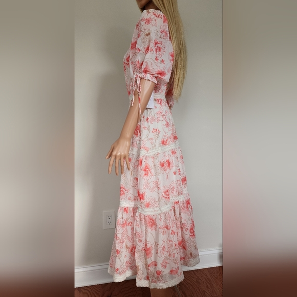NWT RACHEL PARCELL PINK ROSE FLORAL TIERED BALLON SLEEVES MIDI DRESS 6 MEDIUM - Picture 6 of 14
